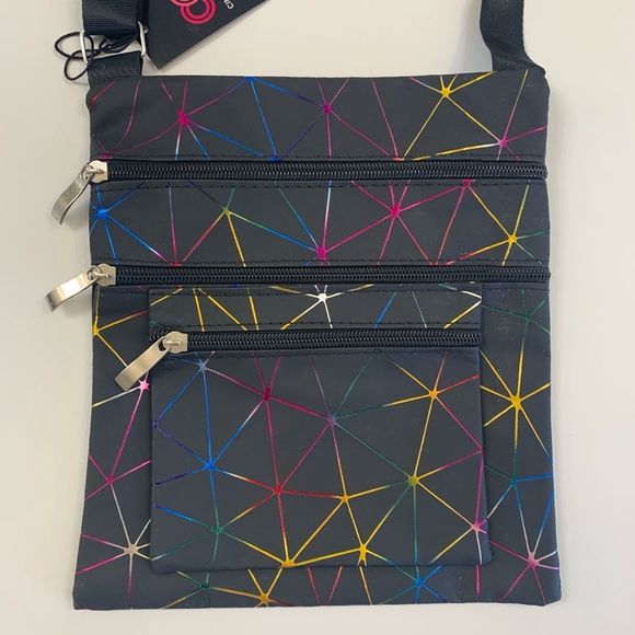 Geometric Four Pocket Crossbody Handbag – Black/multi - Picture 1 of 8